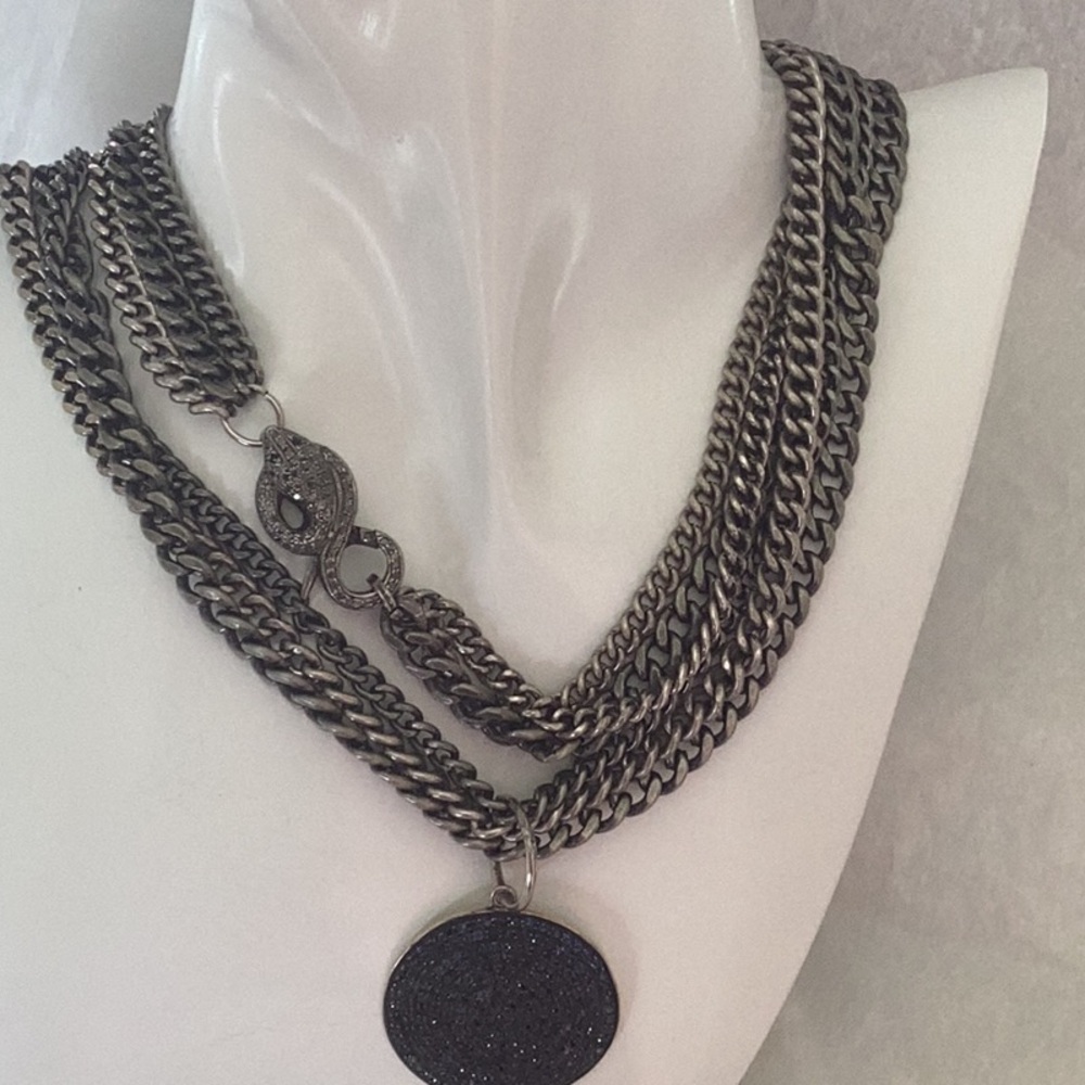 Designer Blue sapphire medallion snake clasp with pave diamonds 3 row necklace